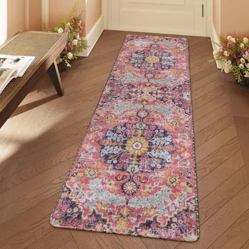 Miniatura 18 de Lahome Alfombra bohemia con medallón floral, 4 x 6 pies, color verde azulado, suave, lavable, antideslizante, apta para mascotas, alfombra