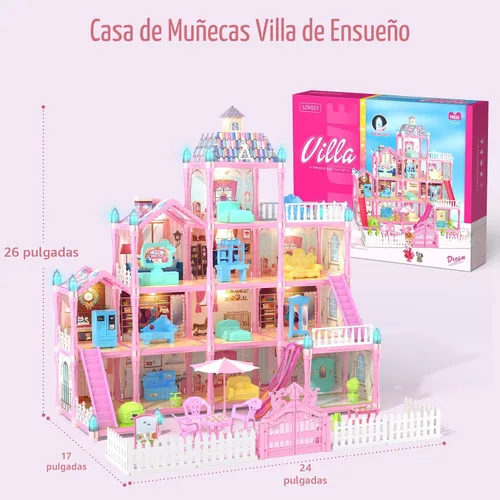 Miniatura 7 de Casa de Muñecas Randhar para Niñas con Luces, 3 Muñecas, 4 Pisos - 13 Habitaciones, 7 Conjuntos de Muebles y Accesorios, Regalo de Diseño
