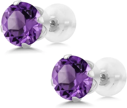 Miniatura 4 de Gem Stone King Aretes de tuerca de amatista morada de oro blanco de 14 quilates de 1.00 quilates para mujer Piedra natal Redondo de 0.197 in, Oro