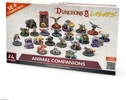 Dungeons & Lasers Animal Companions - Juego de miniaturas DND - 24 figuras con bases escénicas - Compatible 5E para juegos de rol de mesa - 1.102 in