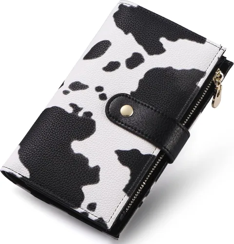 Miniatura 16 de yiijay Cartera para mujer con bloqueo RFID, de cuero vegano, triple pliegue, tarjetero para tarjetas de crédito, cartera de viaje con soporte
