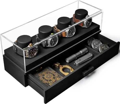 Caja organizadora de relojes para hombres - Moderno estuche de exhibición y caja organizadora de joyería color negro - Regalo para cumpleaños para