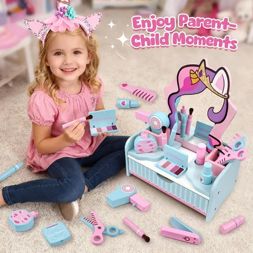 Miniatura 8 de Atoylink Juego de tocador de maquillaje de madera para niñas, juguetes de mesa para niños con espejo, cajón, juego de peluquería y accesorios