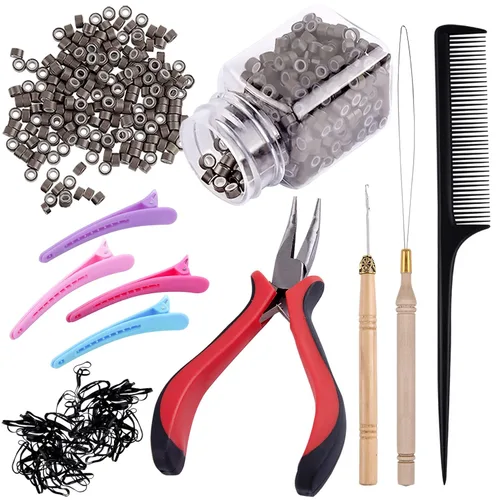 Miniatura 9 de Duufin Kit de extensiones de cabello, 500 piezas de cuentas de micro anillo marrón, 1 alicates de microcuentas, 2 ganchos, aguja de tracción, 4