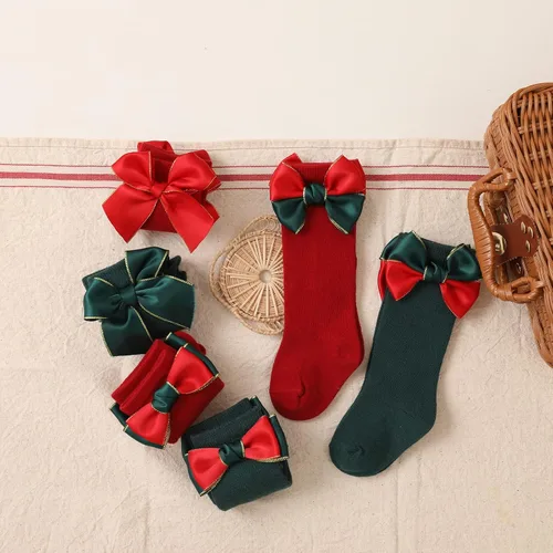 Miniatura 4 de Rarjuiey 2 pares de calcetines de Navidad para bebés y niñas pequeñas, medias de lazo alto hasta la rodilla, calcetines de algodón para recién