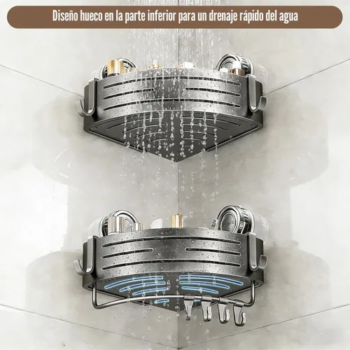 Miniatura 4 de Organizador de ducha de esquina, estante de pared de baño con ventosa, organizador de aluminio sin taladrar con ganchos, estante flotante