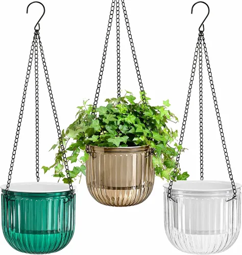 Pumtus Paquete de 3 macetas colgantes para plantas de interior, maceta de riego automático de 6.5 pulgadas con orificio de drenaje, cesta colgante