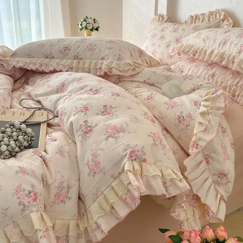 Miniatura 14 de VM VOUGEMARKET - Juego de funda de edredón floral amarilla de 3 piezas para niñas, de algodón, funda de edredón de flores rosas con cierre de F#