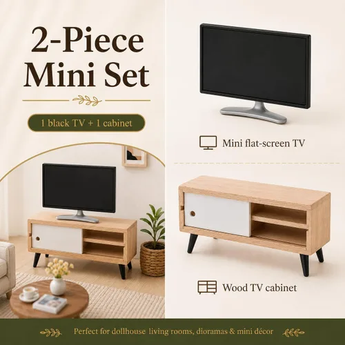 Miniatura 4 de NUOBESTY Mueble de TV y madera para casa de muñecas, monitor de juguete realista a escala 1/12, soporte de TV en miniatura moderno para casa