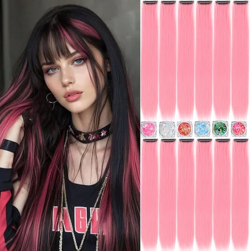 Miniatura 19 de Extensiones de cabello de colores, extensión de cabello liso con clip de 22 pulgadas, extensiones de cabello con brillantina multicolor arcoíris
