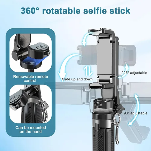 Miniatura 2 de Soporte de trípode para teléfono 4 en 1 con clip, palo de selfie extensible con rotación de 360° e inclinación de 225°, mango plegable portátil