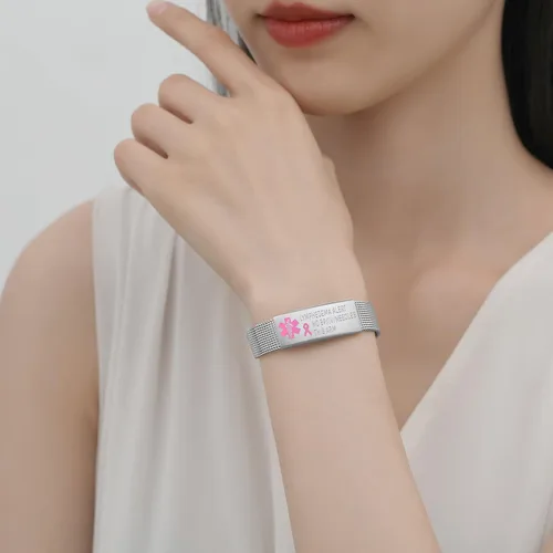 Miniatura 3 de Pulsera de alerta de linfedema, ajustable, malla de acero inoxidable, sin bp, sin agujas, para mujeres, pulseras médicas de emergencia para cáncer