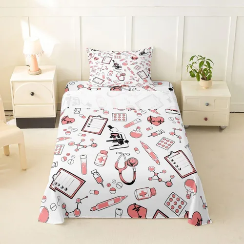 Miniatura 70 de Erosebridal Nurse Sheet Set Stethoscope Twin Sheets Set for Teen Boys,Colorful Medical Healthcare Heartbeat Syringe Fitted Sheet