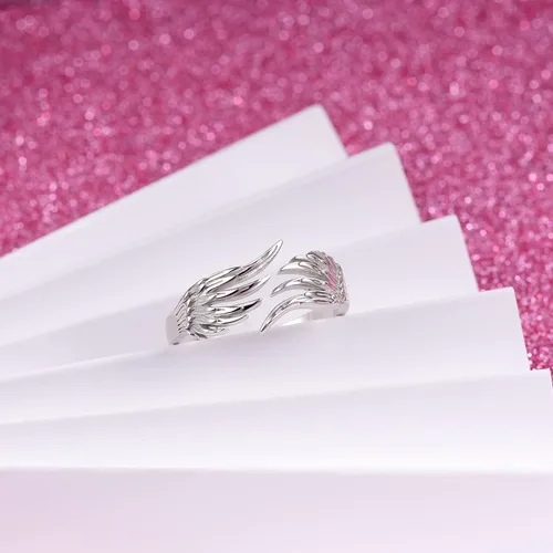 Miniatura 6 de Anillo de plata de ley 925 con alas de ángel y plumas ajustables y delicadas para mujeres, adolescentes y niñas, Metal, Zirconia cúbica