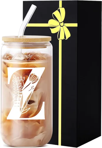 Miniatura 21 de Vaso de vidrio con monograma con tapa, pajita, idea de regalo de moda para amantes del café para mujeres y adolescentes, regalo personalizado