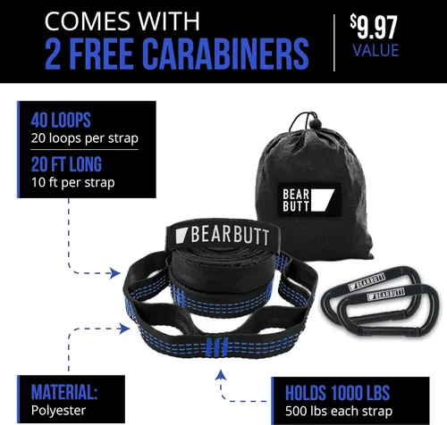 Miniatura 3 de Bear Butt Kodiak - Correas de hamaca para árboles, 20 pies de largo, 40 bucles combinados, soporta 1000 libras, accesorios de campamento