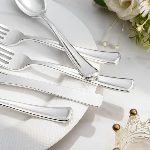Miniatura 4 de Liacere 200 piezas de cubiertos de plástico plateado - Cubiertos de plástico plateado - Cubiertos desechables de plata - 100 tenedores, 50 cucharas