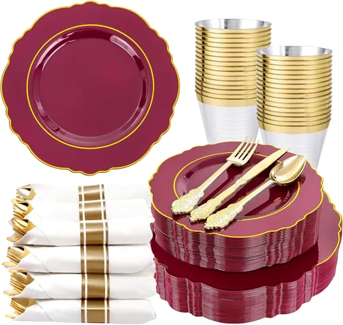 Miniatura 11 de Liacere 175 piezas Platos de Plástico Dorados - Blancos y Dorados Desechables, 50 PIEZAS Platos de Plástico para Cena, Perfectos para Bodas