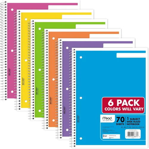 Miniatura 9 de Mead Cuaderno de espiral, paquete de 6, 1 materia, papel rayado universitario, 7-1/2 x 10-1/2 pulgadas, 70 hojas por cuaderno, colores brillantes