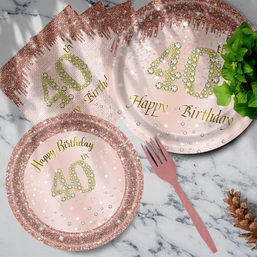 Miniatura 5 de Decoraciones de cumpleaños número 40 para mujer, juego de 96 platos y servilletas de cumpleaños de 40 años, platos de oro rosa, platos de papel