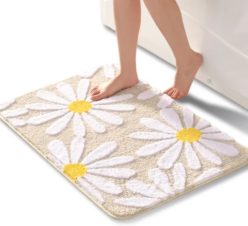 Miniatura 10 de QJHOMO Alfombra de baño azul con diseño de margaritas, decoración de flores blancas y amarillas, alfombra antideslizante de microfibra, súper Azul