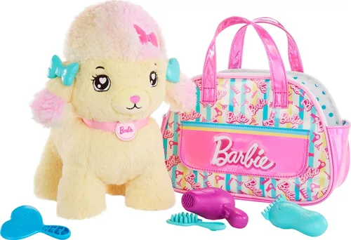 Mattel Set de Juguetes de Peluche Barbie, Animal de Peluche Caniche Peluquero con Luces y Sonidos, Más Bolso Temático y 6 Accesorios, Aventura de