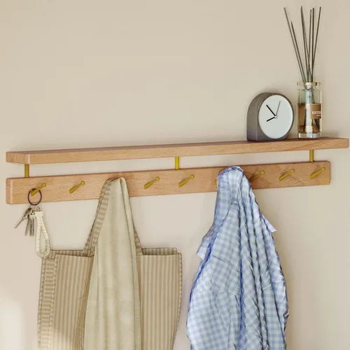 Miniatura 10 de Ganchos de pared de nogal con estante, perchero de pared, estante colgante de entrada con 9 ganchos de latón para sombreros, ropa, toallas, bolsos