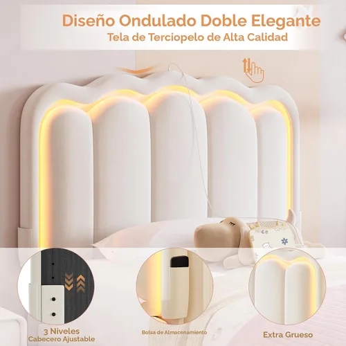 Miniatura 6 de Marco de cama LED tapizado individual con cajón de almacenamiento y cabecera doble ondulada ajustable, cama de plataforma de terciopelo estilo Beige