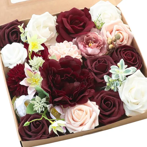 Miniatura 27 de Floroom - Flores artificiales de aspecto real en color lila, lavanda, púrpura y crema, rosas falsas, dalias y vegetación en conjunto de caja