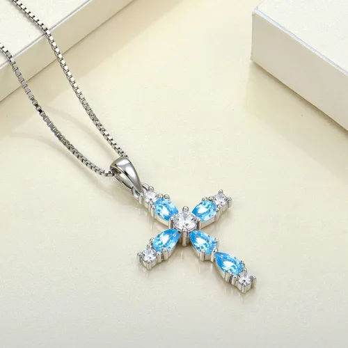 Miniatura 65 de YL Collar de cruz de plata de ley 925 con colgante de piedra natal religiosa para mujer