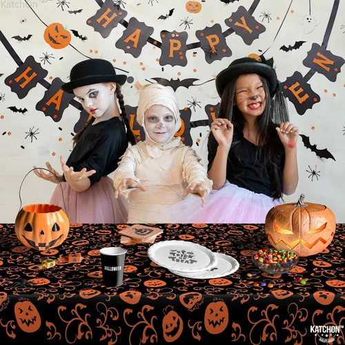 Miniatura 4 de KatchOn, Mantel de plástico de Halloween de calabaza, 54x90 pulgadas, paquete de 3, mantel de calabaza, mantel de Halloween negro y naranja, mantel