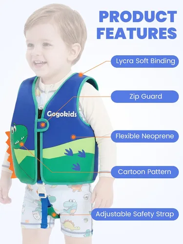 Miniatura 9 de Gogokids Chaleco de natación para niños de 1-2-3-5-7-9 años, chaqueta de natación de neopreno para niños con correa de seguridad ajustable y Azul