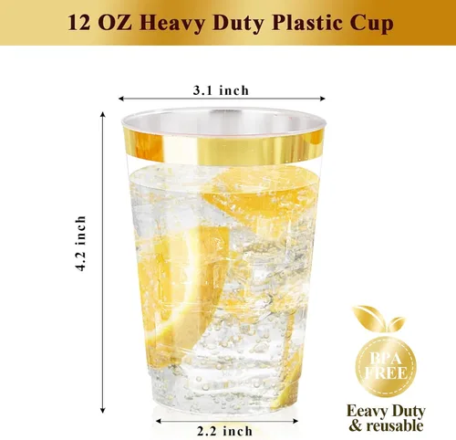 Miniatura 2 de Ciaell 120 vasos de plástico dorados – Vaso de plástico resistente de 12 onzas – Vasos desechables con borde dorado – Copa de borde dorado de alta