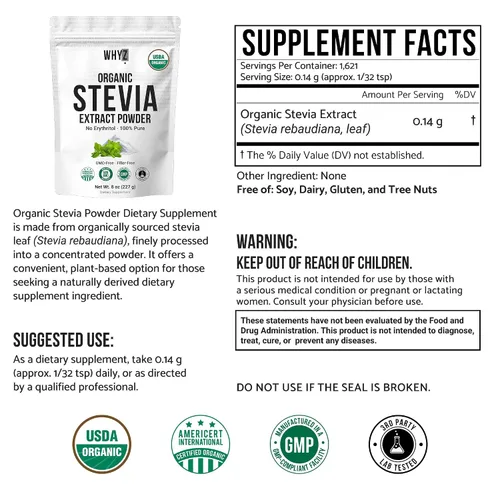 Miniatura 2 de Polvo de stevia orgánico, 8.01 oz, edulcorante puro de stevia sin calorías para bebidas, polvo para hornear y bebidas, sin regusto, sin OMG