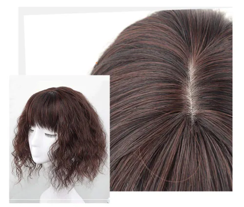 Miniatura 4 de Toppers de pelo sintético rizado con flequillo para mujeres con cabello delgado, piezas de cabello con clip de 14 pulgadas, negro natural
