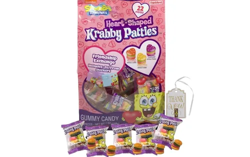 Patties de cangrejo con forma de corazón de Bob Esponja, 22 unidades, gomitas envueltas individualmente, calcomanías para intercambio de regalos en