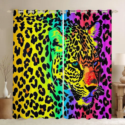 Miniatura 15 de Feelyou Cortinas de ventana de leopardo para decoración de dormitorio, cortina de guepardo africano, diseño de leopardo arcoíris, cortinas de Multi