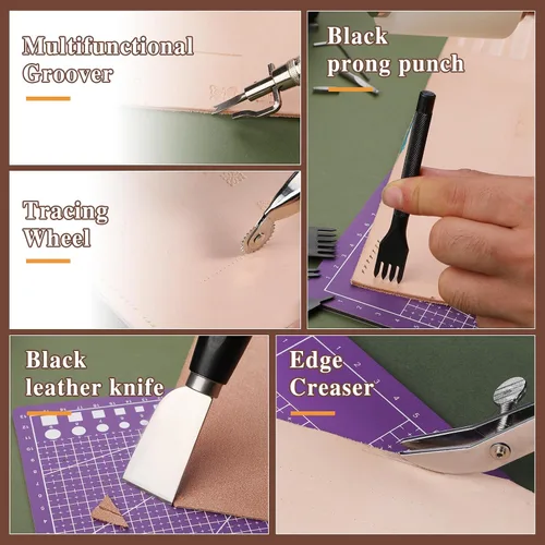 Miniatura 6 de BUTUZE Kit de cuero, kit de herramientas de cuero para principiantes, herramientas de artesanía en cuero con herramientas de estampado, biselador