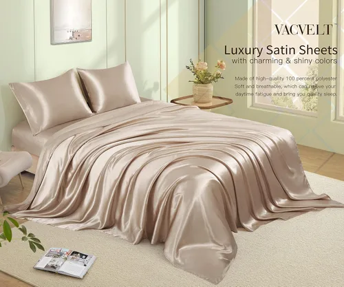 Miniatura 3 de VACVELT Juego de 3 sábanas de satén color beige tamaño individual, juego de ropa de cama, sábana bajera de satén sedoso con bolsillo profundo de 15