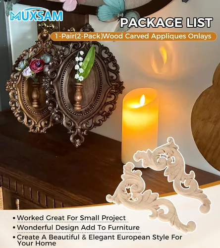 Miniatura 5 de MUXSAM Apliques tallados en madera, 1 par de pequeñas tallas de madera sin pintar, placas decorativas de esquina para espejos, paredes, puertas
