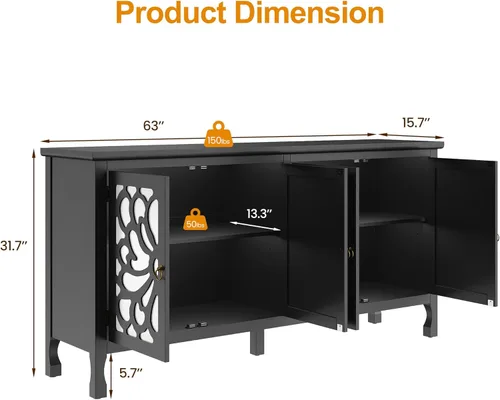 Miniatura 2 de RoyalCraft Armario buffet de 63 pulgadas con almacenamiento, armario decorativo Credenza con 4 puertas y estantes ajustables, consola multimedia