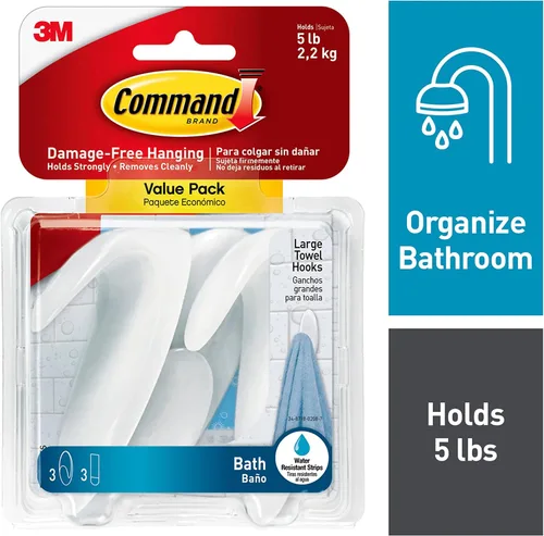 Miniatura 2 de Command Paquete económico de ganchos grandes para toallas de baño, 6 ganchos de pared grandes con 6 tiras resistentes al agua Command, 2 paquetes
