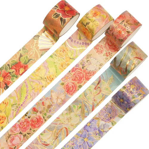 YUBBAEX Blooming Washi - Juego de cintas adhesivas con lámina dorada, peonía ancha decorativa para artes, manualidades, suministros de diario,