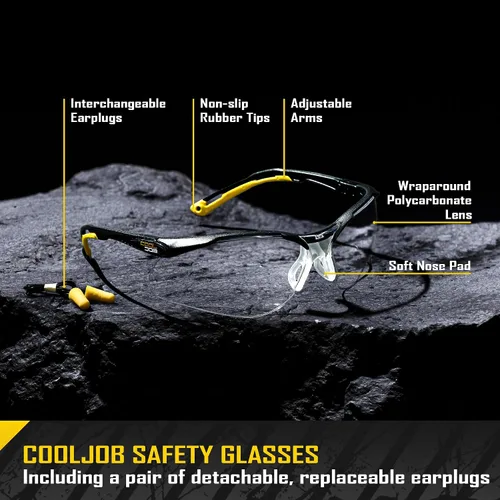 Miniatura 2 de COOLJOB Gafas de seguridad antivaho con lente transparente antiarañazos, ANSI Z87.1. Gafas de protección contra impactos y UV con tapones de oído