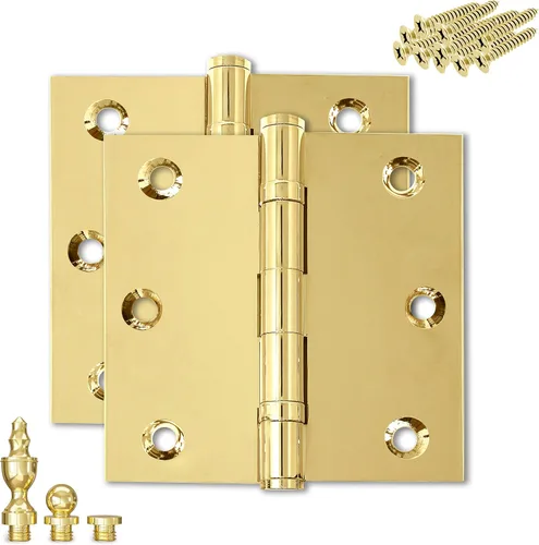 Bisagra de puerta de latón macizo, rodamiento de bolas, oro brillante pulido de 3.5 x 3.5 pulgadas, con puntas decorativas de rosca incluidas, juego