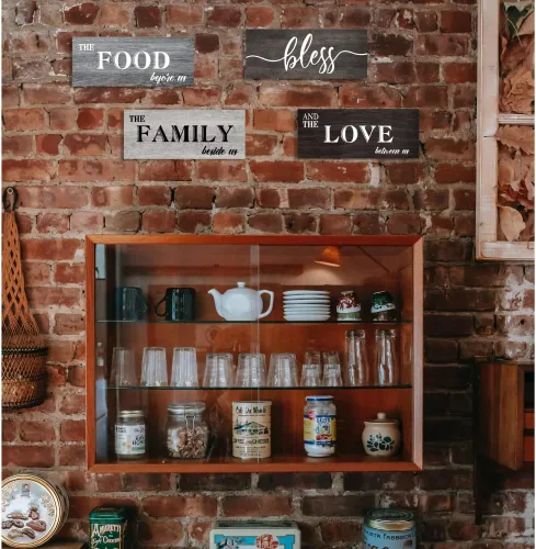 Miniatura 4 de Creoate 4 letreros de amor para la familia con la bendición de alimentos para la cocina, decoración rústica de casa de campo, decoración colgante