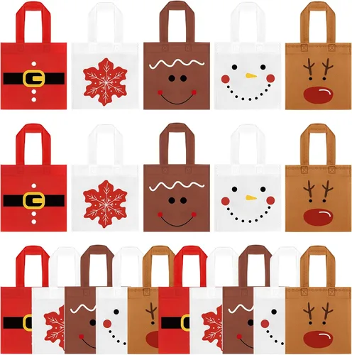 FHzytg Paquete de 20 bolsas de regalo de Navidad, bolsas de favor de fiesta de Navidad con estampado de hombre de jengibre, muñeco de nieve, reno,