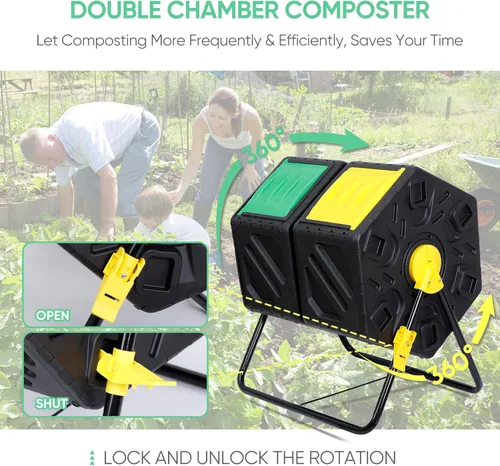Miniatura 2 de F2C Vaso de compostaje de doble cámara de 37 galones para todas las estaciones, sin BPA, gran contenedor de compostador con 2 puertas correderas