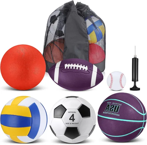 Miniatura 7 de Realspring Juego de 6 pelotas deportivas múltiples para niños y adolescentes, tamaño oficial, fútbol, voleibol, pelota de juegos infantiles, béisbol