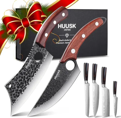 Miniatura 10 de Huusk Cuchillo de Carnicero Forjado a Mano - Cuchillo de Carnicero para Cortar Carne, Cuchillo Vikingo de Cocina Japonés con Funda, Cuchillos